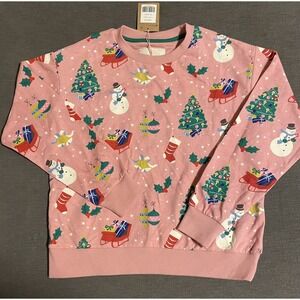 Mini Boden Girls Festive Christmas Print Sweatshirt Pink NWT New Size 11-12